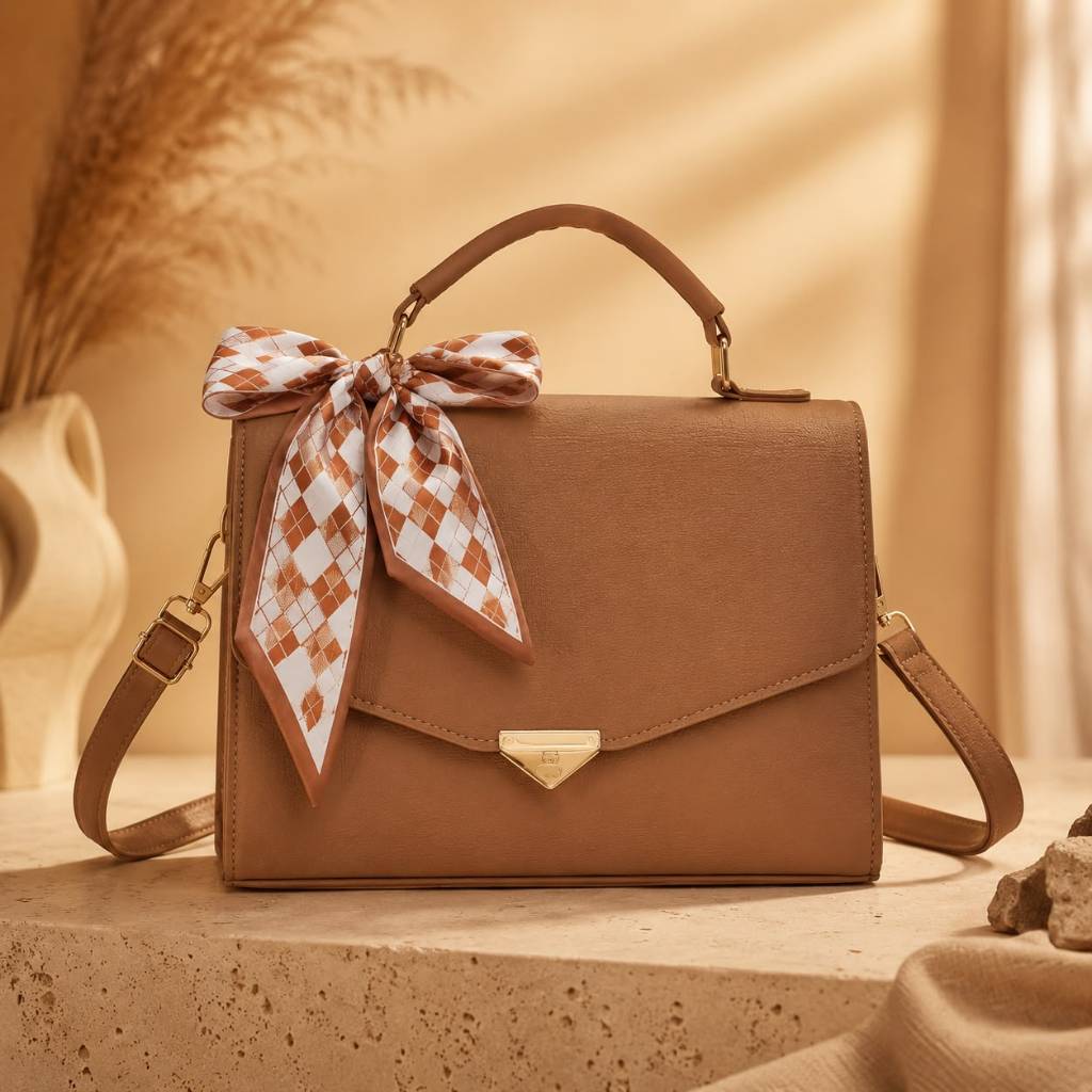 Bolsa Transversal com Lenço Decorativo + Alça Ajustável Feminina Elegante Delicada Camel