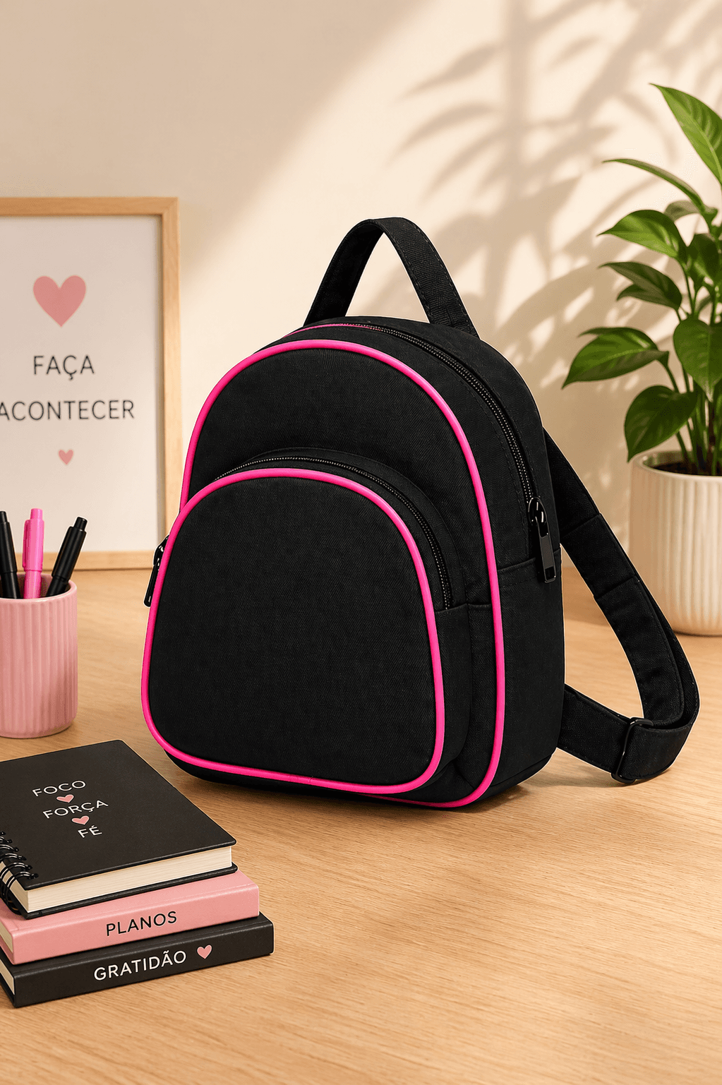 Mochilinha Feminina Urban Compacta com Bolso Frontal e Alças Reguláveis Preto Com Rosa