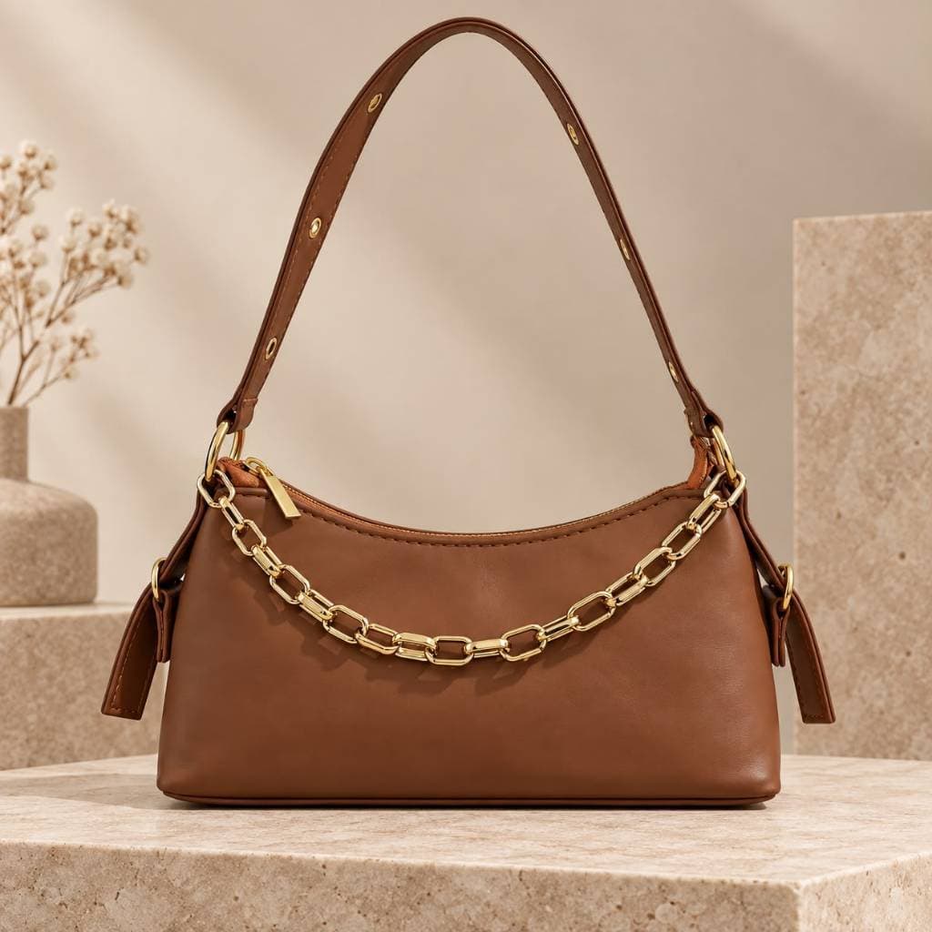 Bolsa Caramelo Feminina Baguete de Ombro Com Corrente Elegante 24x13cm