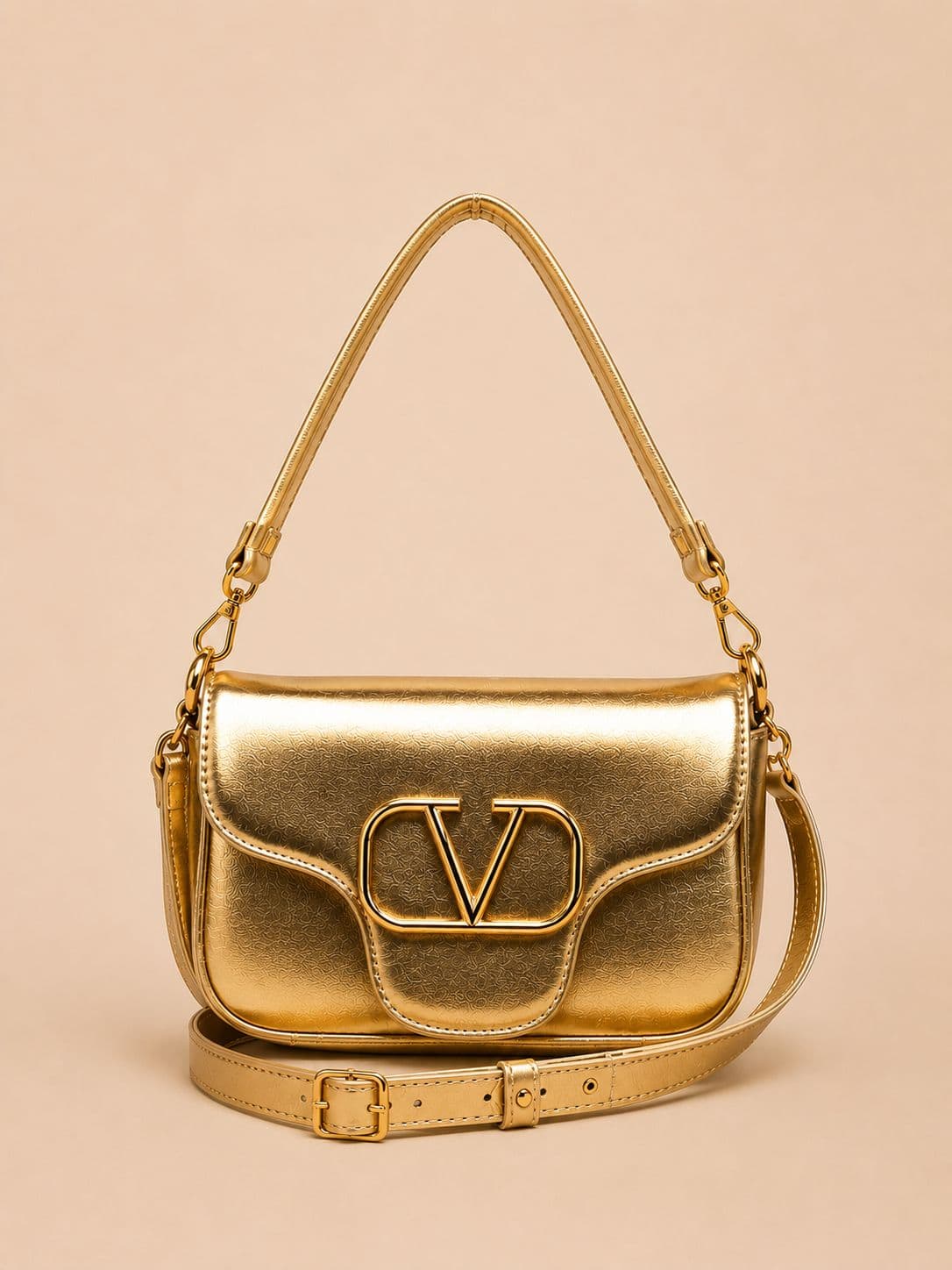 Bolsa Feminina Metalizada Luxo com Alça Transversal e Alça de Ombro Dourado