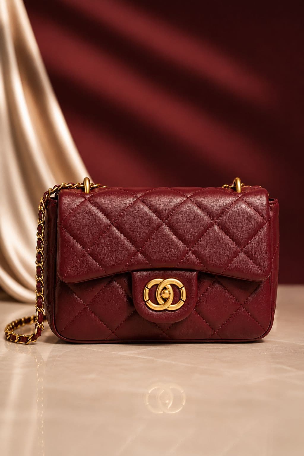 Bolsa Tiracolo Feminina Matelassê Bella Luxo com Corrente e Fecho Dourado Vinho