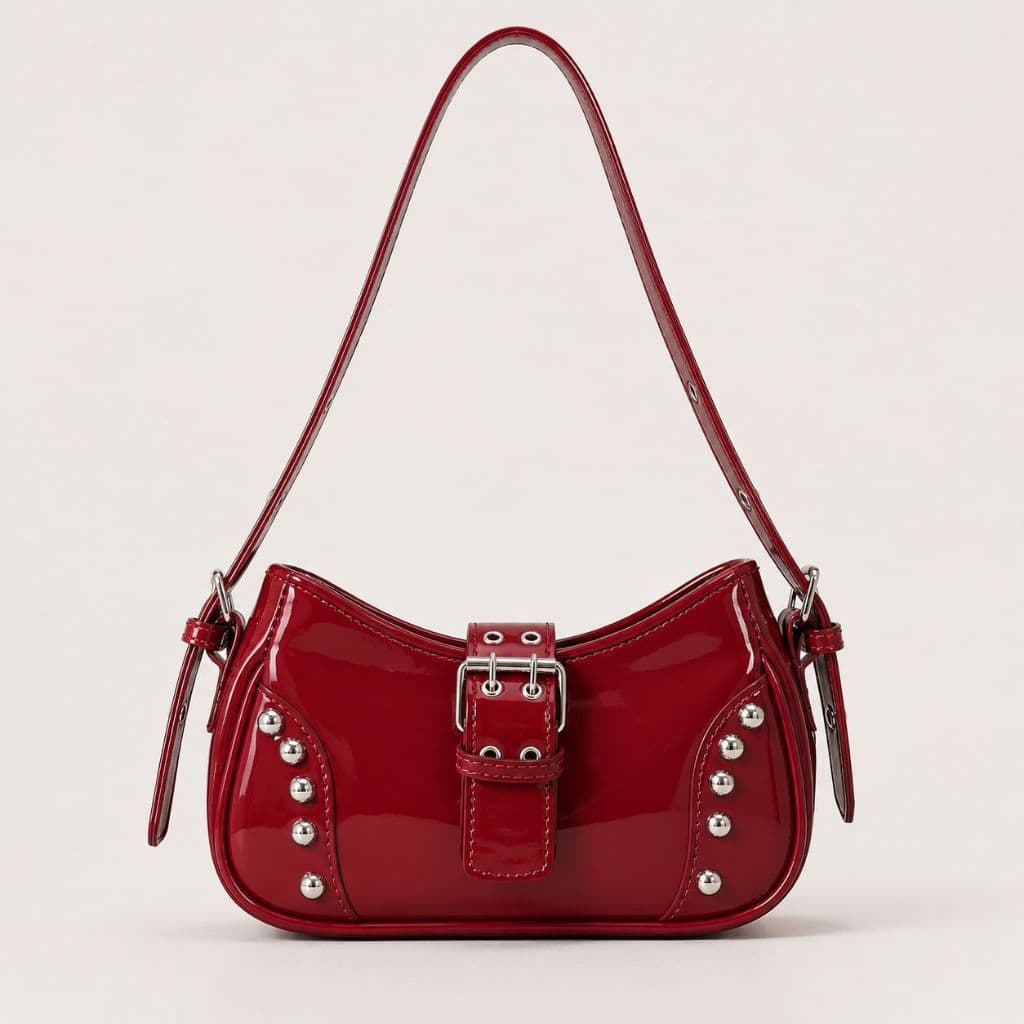 Bolsa Feminina de Ombro Verniz com Fivela e Tachas Estilo Retrô Vermelho