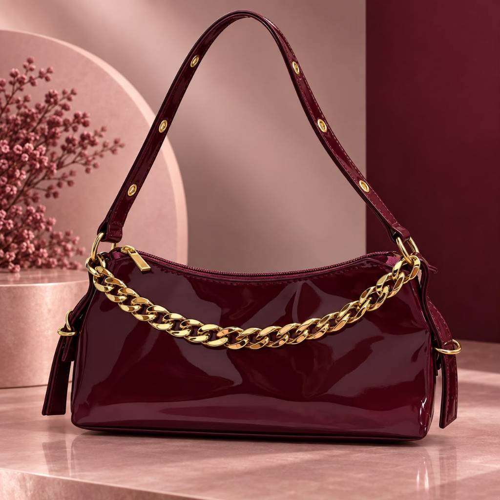 Bolsa Feminina Lunéa Elegante com Alça de Ombro e Corrente Dourada Moderna Vermelho